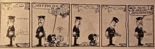 Mafalda señala el bastón de un policía